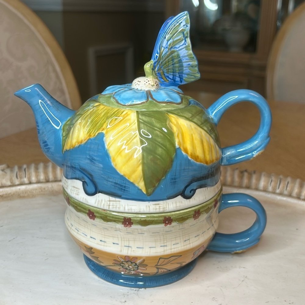 Tracy Porter Azure Butterfly Teapot/Mug Combo